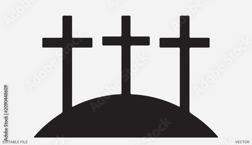Three holy christian crosses on calvary hill silhouette vector icon for easter religious design