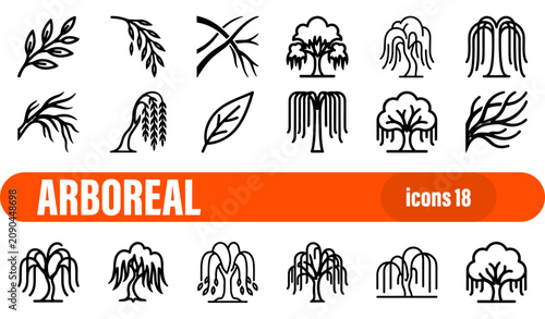 Photos Set of 18 arboreal and tree icons: willow, branches, and forest elements