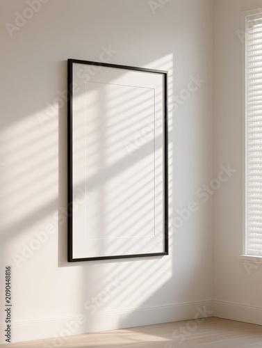A photorealistic minimalist interior mockup featuring a black vertical picture frame with a blank white poster mounted on a clean white wall.