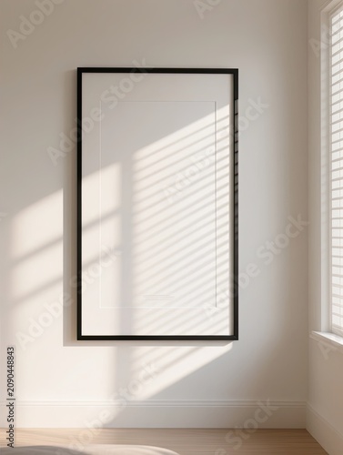 A photorealistic minimalist interior mockup featuring a black vertical picture frame with a blank white poster mounted on a clean white wall.