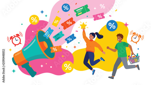 Tableau sur toile Colorful vector illustration of excited shoppers responding to promotional megaphone and sale offers