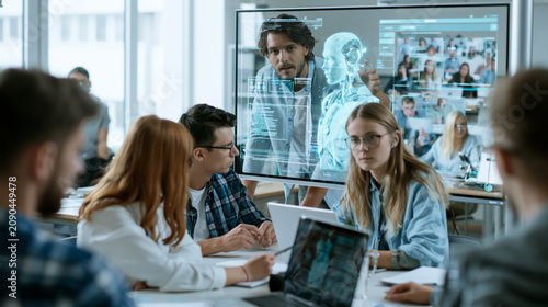Students Learning with AI Hologram Teacher in Modern Classroom