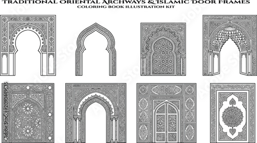 Foto Traditional oriental archways and Islamic door frames coloring book illustration