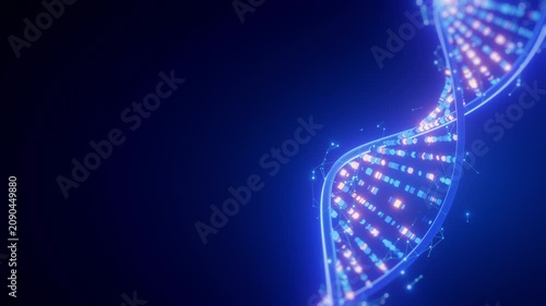 A visually striking digital DNA double helix, glowing blue and purple,complex genetic algorithms and advanced computing concepts. Connected nodes depict data flow, bioinformatics, and