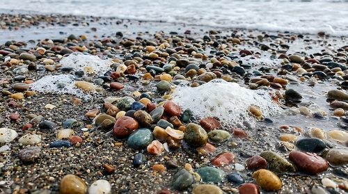 Colorful Wet Pebbles and Sea Foam Resting on Rocky Beach Shore