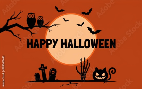 Happy halloween illustration with pumpkin moon and spooky characters