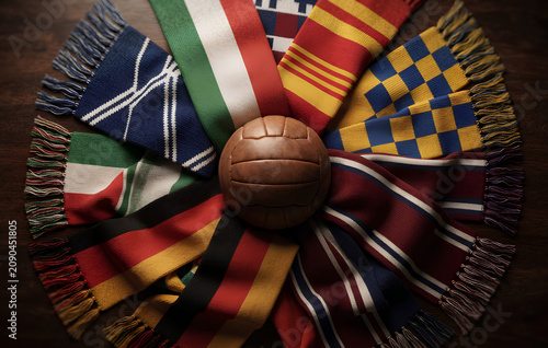 A vintage-style leather football resting atop a circular arrangement of colorful international national flags.