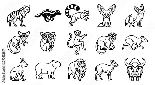 Foto Exotic wild animal line art icons, set of 15 black and white wildlife vector ill