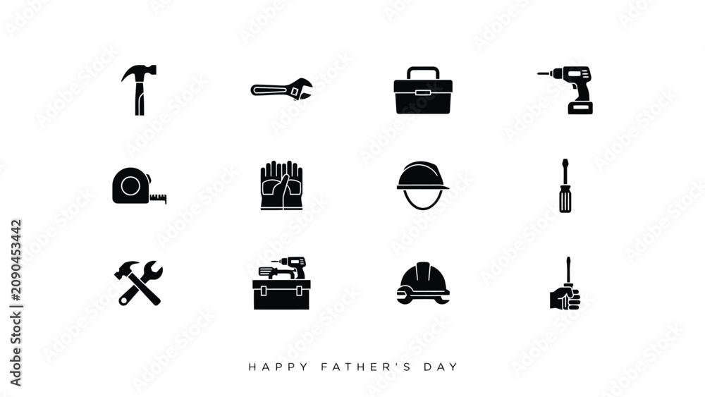 Fototapeta premium Minimalist black father's day tool icons set with hand and safety gear for celebration greeting with monochromatic collection twelve stylized icons