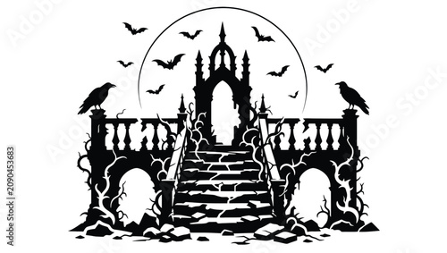 Foto Halloween gothic castle entrance with stone stairs, railing, ravens and bats sil