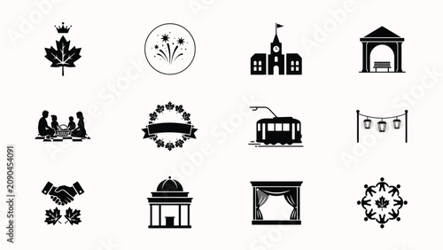 Photos Black and white minimalist icons set featuring cultural symbols architecture wit