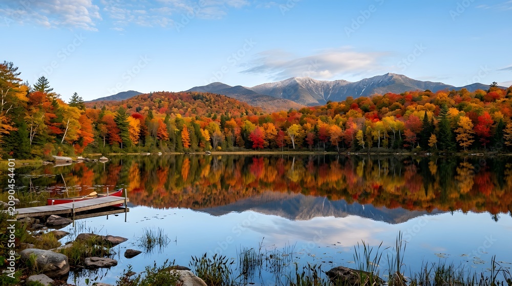 Obraz premium Autumn Foliage Reflects in a Serene Mountain Lake with Dock.