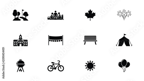 Minimalist black and white icons set with monochromatic grid nine distinct icons representing community gatherings flat design style high contrast clarity modern appeal