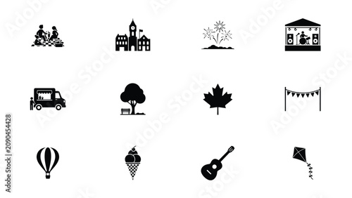 Black and white silhouette icons of festive community celebration elements with communal atmosphere clean lines bold contrast against neutral background