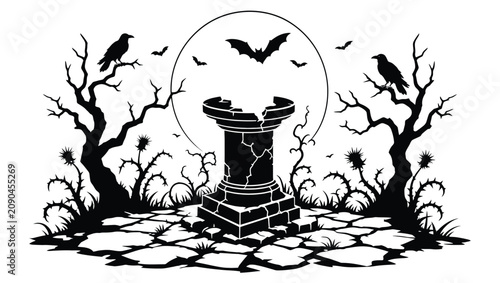 Foto Halloween vector illustration with a broken stone pedestal, dead trees, ravens,