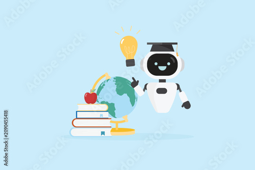 AI Robot Teacher with Graduation Cap, Books and Globe, Artificial Intelligence in Education Concept