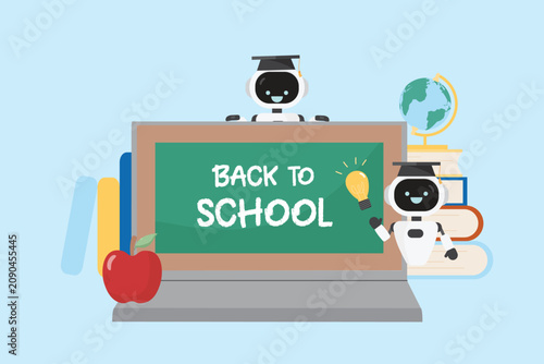 Back to School AI Robots with Chalkboard Laptop, Books and Globe, AI Education Concept