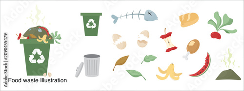 Food Waste Illustration Set with Recycling Bin, Trash Can and Rotten Fruit Icons, organic waste concept