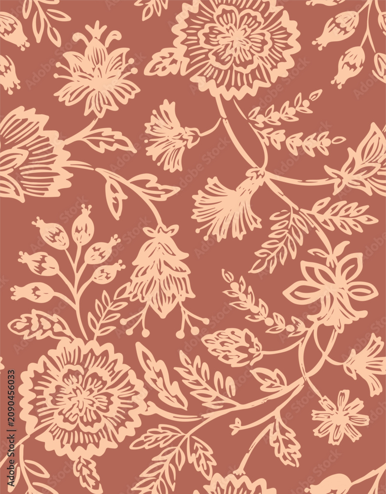Fototapeta premium Seamless terracotta block print floral pattern. Traditional trailing vine and botanical line art on earthy rust background. Vintage bohemian textile design.