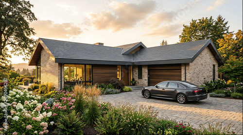 Modern One-Story Suburban Residence with Grey Sedan and Stone Driveway