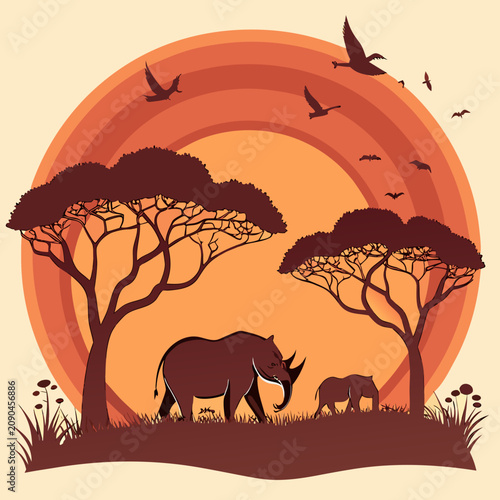 Photography African safari landscape with rhinoceros at sunset wildlife silhouette landscape