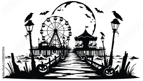 Bild auf Leinwand Halloween carnival on a pier with ferris wheel and carousel under a full moon wi