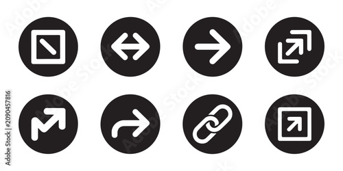 Set of eight black round icons, arrows and link symbols, vector graphics.