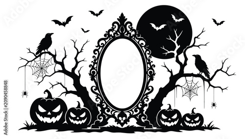 Halloween mirror frame with spooky trees, pumpkins, bats, crows, spider webs and spiders vector illustration for holiday decoration, party invitation, or greeting card design