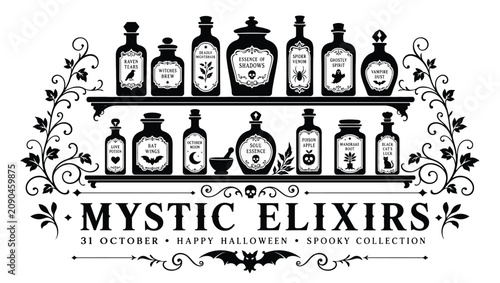 Schilderij op canvas Mystic elixirs halloween potion bottles collection, vintage apothecary jars with