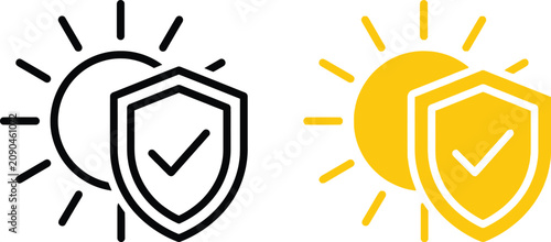 Minimalist sun and shield icons representing solar protection, UV safety, and weather-resistant technology in black and yellow vector graphics.