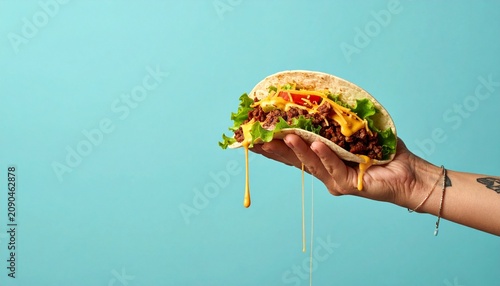 Hand holding taco with dripping cheese