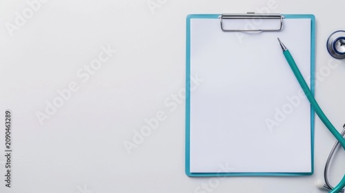 Top down view of a doctor s or nurse s workspace featuring a teal pen resting on a blank white paper within a blue clipboard alongside a stethoscope ideal for medical notes and planning