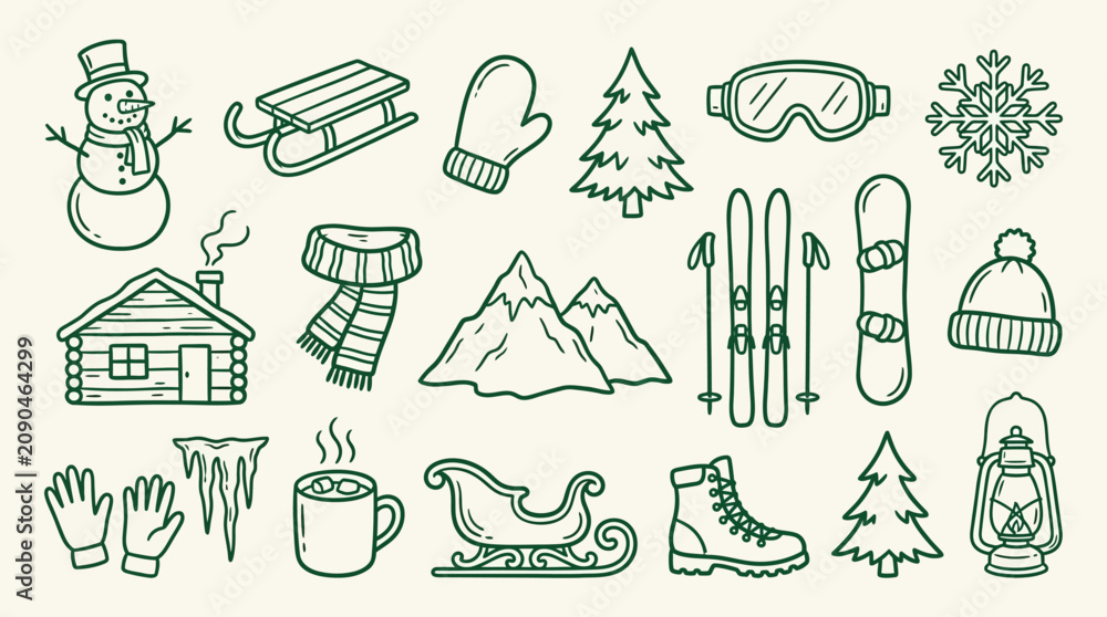 Fototapeta premium Collection of hand-drawn winter icons including a snowman, sled, skis, snowboard, cabin, and hot drink.