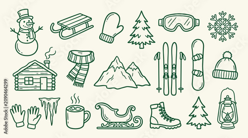 Tableau sur toile Collection of hand-drawn winter icons including a snowman, sled, skis, snowboard, cabin, and hot drink