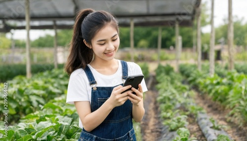 Young woman using smartphone in vegetable farm with fresh greens and greenhouse