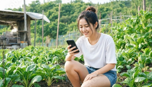 Young woman using smartphone in vegetable garden with lush green plants outdoor