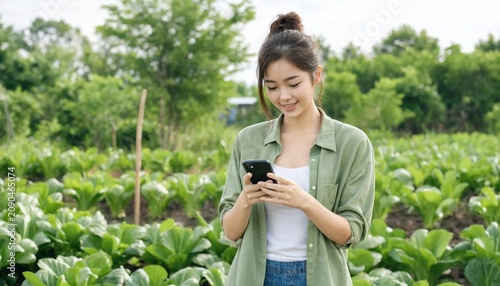 Young farmer using smartphone in vegetable garden during sunny day