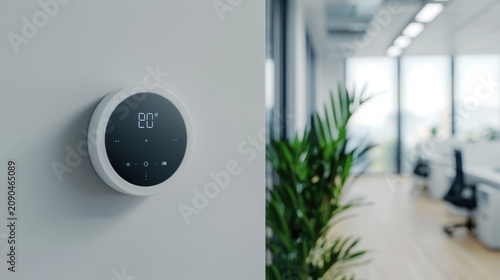 Close up view of a sleek white wall mounted thermostat with a digital display showing temperature positioned in a contemporary office environment with natural light and indoor plants