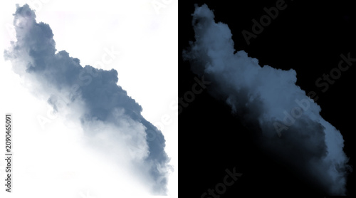 Dramatic storm cloud cutout on white and black background, moody dark blue cumulus cloud for compositing, isolated atmospheric weather element