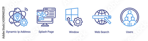 Web Navigation icon set vector illustration featuring user browsing,search systems,and dynamic internet access concepts.