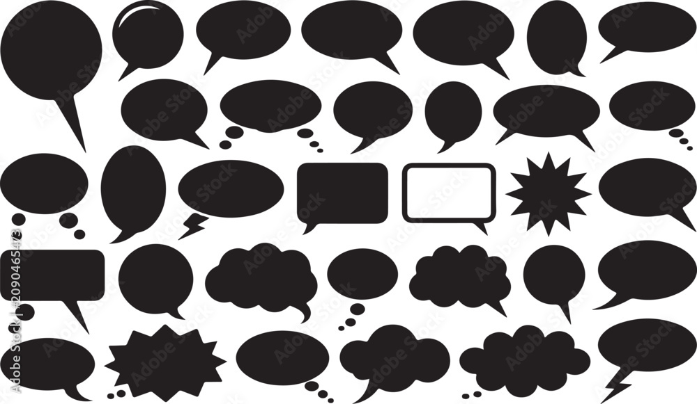 Fototapeta premium Speech Bubbles, Black Icons, Vector Set, 30 Chat Symbols, Comic Book Style