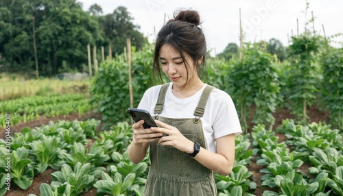 Young farmer checking smartphone in vegetable garden with fresh produce