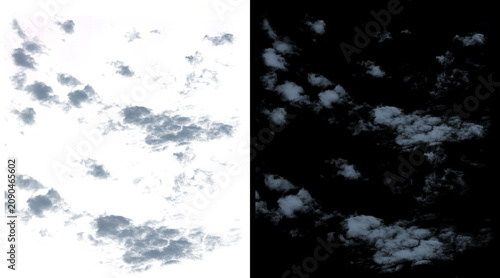 Atmospheric scattered clouds on white and black backgrounds, realistic fluffy cloud texture set, natural sky elements for digital compositing and design