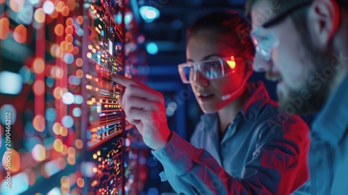 Two engineers in safety glasses work together in a dark high tech environment pointing at a glowing complex network of data visualized on a large digital screen or server rack