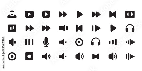 Foto Audio interface icon set with media player buttons sound waves microphone and music volume controls