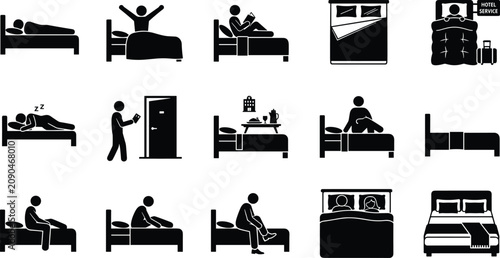Fényképezés Hotel service and bedtime routine stick figure icon set featuring people sleepin