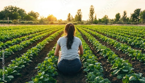 Woman sitting in green vegetable farm field at sunrise with peaceful mood