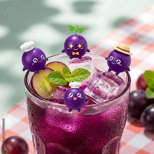 Colorful layered drink with fresh berries and mint in glass.