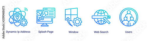 Web Navigation icon set vector illustration featuring user browsing,search systems,and dynamic internet access concepts.
