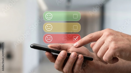 Customer satisfaction rating selection on smartphone screen, user choosing negative feedback option, service quality survey interface, mobile app review system with smiley face ...